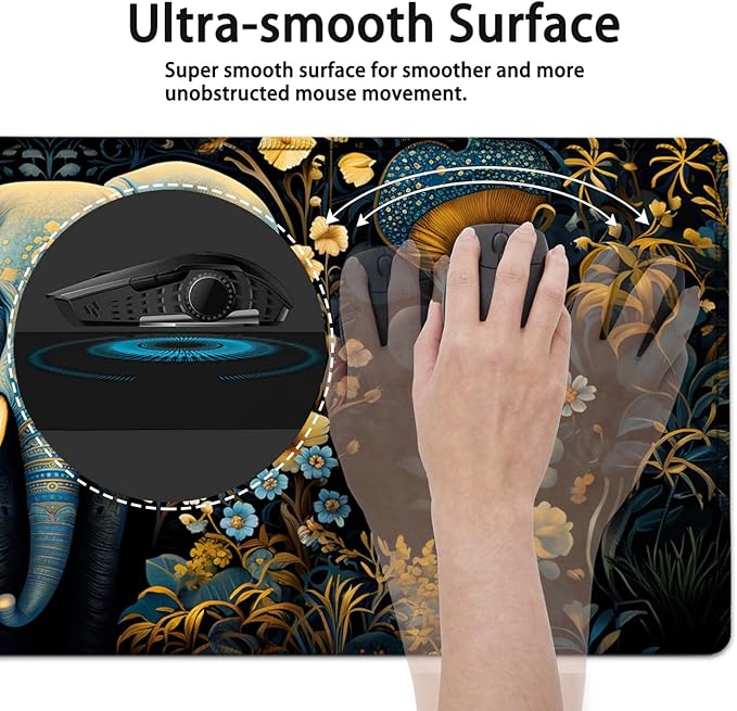 Large Mouse Pad, 31.5 x 11.8in Extended Gaming Mouse Pad with Stitched Edges, XXL Mousepad Protector Non Slip Rubber Base for Office Home Writing Mat,Flowers Ornate Elephant Pattern Black Desk Mat