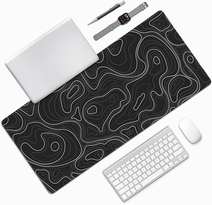 Large Gaming Mouse Pad Black Topographic Contour Mouse Pad with Stitched Edges & Nonslip Rubber Base Extended XXL Long Mousepad Big Desk Mat for Company Office Work, 35.4 x 15.7 in