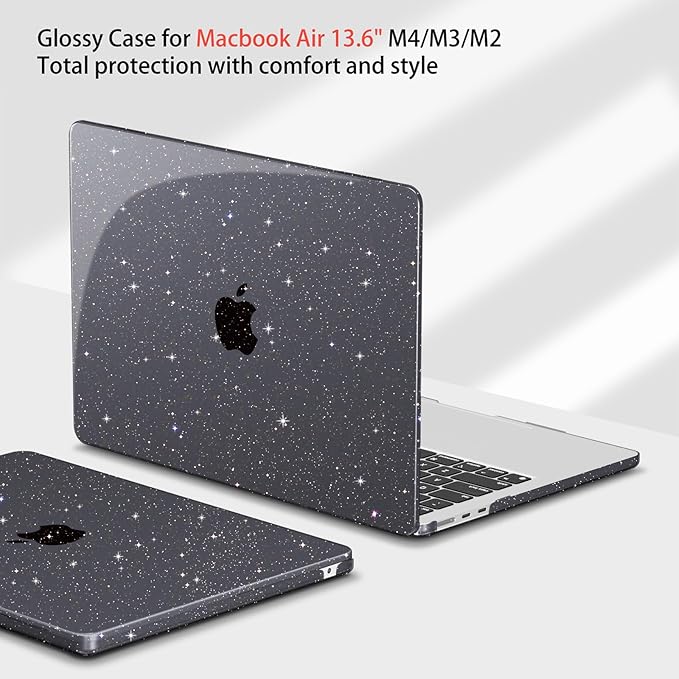Teryeefi for M5 MacBook Air 13.6 inch Case with M2 M3 M4 2022 2023 2024 2025 2026 Release Model A2681/A3113/A3240/A3449, Glitter Protective Hard Shell & Keyboard Cover & USB 3 Adapter,Sparkly Black