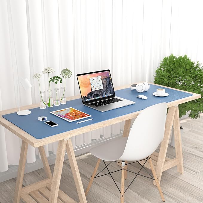 Hsurbtra Desk Pad, 48" x 17" PU Leather Desk Mat, XXXL Extended Mouse Pad, Waterproof Desktop Blotter Protector, Non-Slip Ultra Thin Large Laptop Keyboard Writing Mat for Office Home, Dark Blue