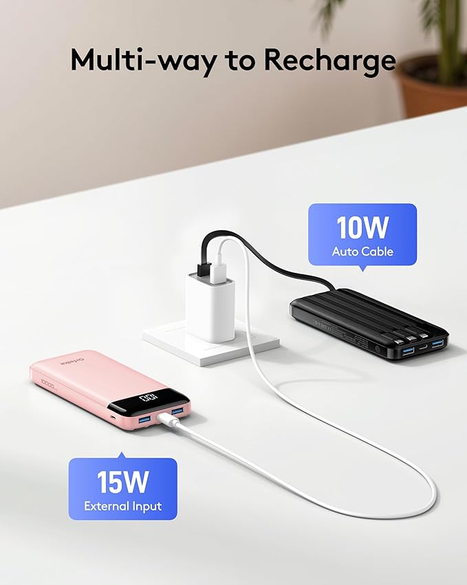 Orfeika Portable Phone Charger, 10000mAh Portable Charger Power Bank with Built-in Cables, Travel Essential Battery Pack Compatible with iPhone, Samsung, Google, iPads, Tablets, etc
