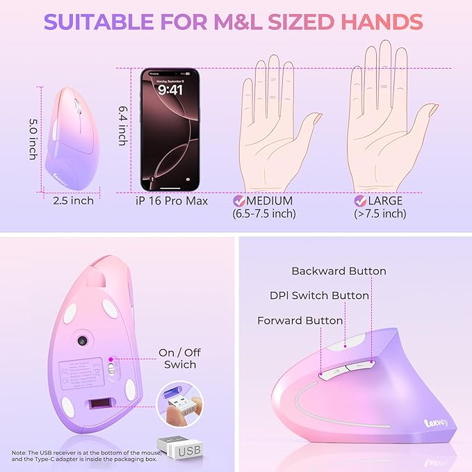 Lekvey Ergonomic Mouse, USB C Wireless Vertical Mouse, Dual Mode Rechargeable USB-A & Type-C Ergo Mouse, 1600 DPI, Relieves Wrist Pain and Carpal Tunnel, for Laptop Computer Mac MacBook, Pink Purple