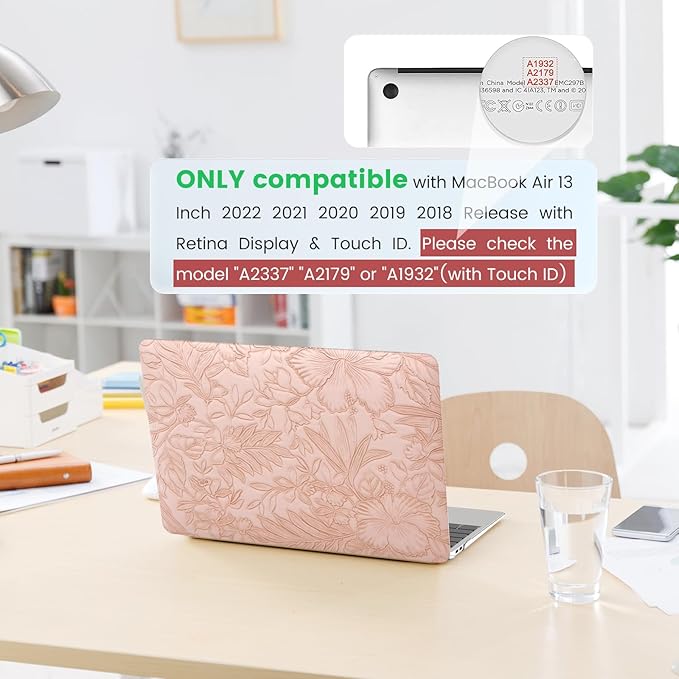 iCasso Compatible with MacBook Air 13 inch Case 2020 2019 2018 Release A1932 A2179 M1 A2337, Texture Leather Plastic Hard Shell Case + Keyboard Cover + Screen Protector, Pink Embossed Floral