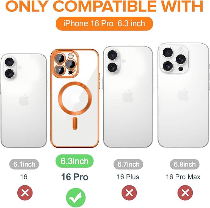 Hython Magnetic Clear for iPhone 16 Pro Case with Camera Lens Protector [Compatible with MagSafe] Luxury Plating Edge Slim Soft TPU Cover Protective Phone Case for iPhone 16 Pro 6.3", Matte Orange