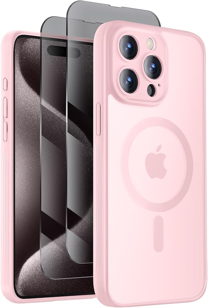 Symcele Designed for iPhone 15 Pro Max Case, Compatible with MagSafe, with Privacy Screen Protectors X2, [Camera Protection] [15FT Military Drop Protection] Shockproof Phone Case, 6.7", Pink