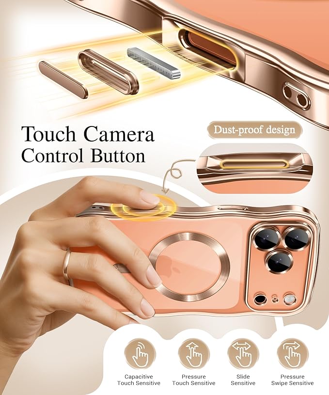 GVIEWIN for iPhone 17 Pro Max Case Compatible with MagSafe, Upgraded [Full Camera Protection][Cute Wave Frame][Military Grade Protection] Electroplated Hard Phone Cover for Women Girl,Clear/Rose Gold