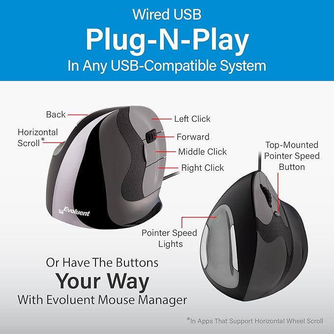 Evoluent – Inventor of The Vertical Mouse – VMDL Ergonomic Vertical Mouse Right Hand Large Wired USB, Sculpted for Comfort, Reduces Wrist Strain, 4 Speeds, 6 Customizable Buttons in Windows