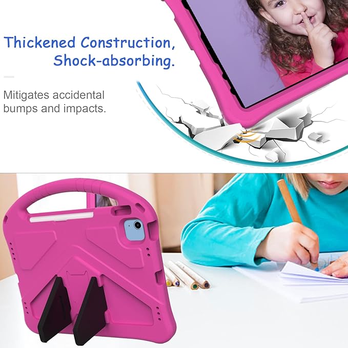 Kids Case for iPad A16 11th/10th Generation 2022/2025 11-Inch iPad Cover with Pencil Holder, Techcircle Lightweight Shockproof EVA Foam Rugged Handle Stand Anti-Slip Grip Protective Case, Rose