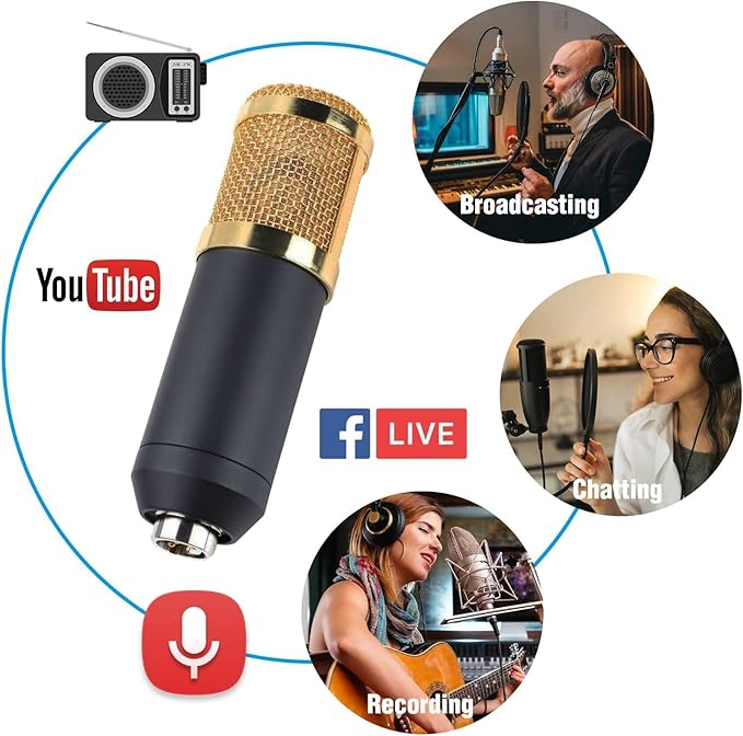 MorTime Condenser Microphone Bundle, Live Sound Card, Adjustable Boom Arm, Shock Mount, Metal Mic Pop Filter, Sponge Pop Filter Cover, Earphone, Audio Cables and Power Cable, Set of 11 Mic Kit
