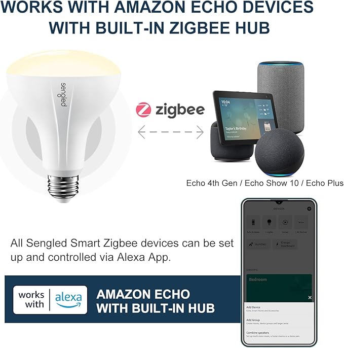 Sengled Smart Bulb, Zigbee Hub Required, Smart Light Bulb Works with Alexa, Google Home, SmartThings, Homekit and Siri, BR30 Dimmable Flood Light Bulb for Cans, Soft White 2700K, 650 LM, 9W, 1 Pack