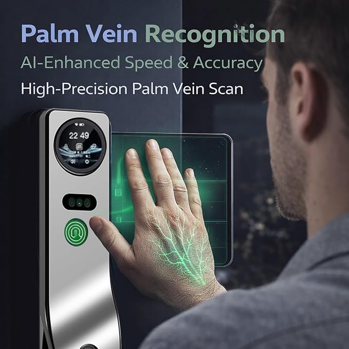 Zonixtec 3D Face Recognition Smart Lock with Camera, AI Palm Vine & Biometric Fingerprint Entry, Tuya App Remote Control, Digital Touchscreen Keypad, 6068 Mortise, Gray Aluminum Alloy