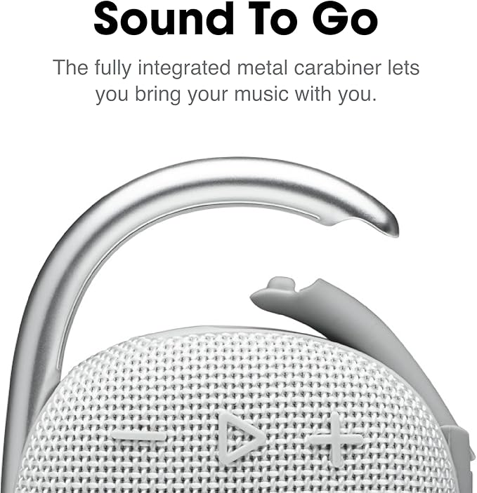 JBL Clip 4 - Portable Mini Bluetooth Speaker, big audio and punchy bass, integrated carabiner, IP67 waterproof and dustproof, 10 hours of playtime, speaker for home, outdoor and travel (White)