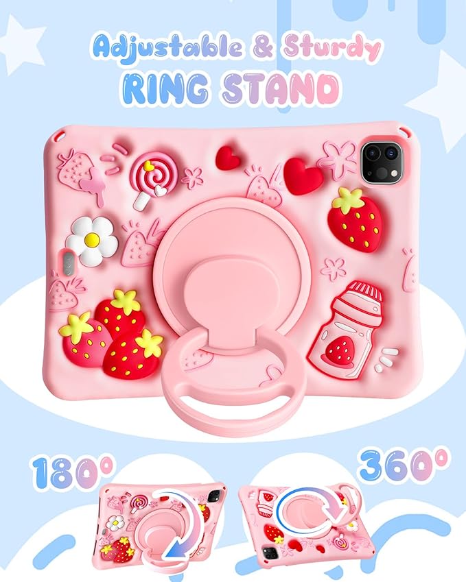 Boaretiu for iPad Air 11 inch Case(Air M4 2026, 8th Gen/M3 2025/M2)/Air 5th/4th Gen 10.9", for iPad Pro 11 inch Case(4th/3rd/2nd/1st Gen) - Cute Strawberry Silicone Shoulder Strap & Stand for Girls