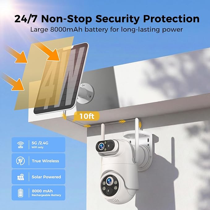 Dual Lens Solar Security Camera Wireless Outdoor – 2.5K HD No Blind Spot with PIR Motion Detection, 360° PTZ, Full Color Night Vision, 5G/2.4GHz WiFi, IP65 Waterproof for Home, Business & Outdoor Use