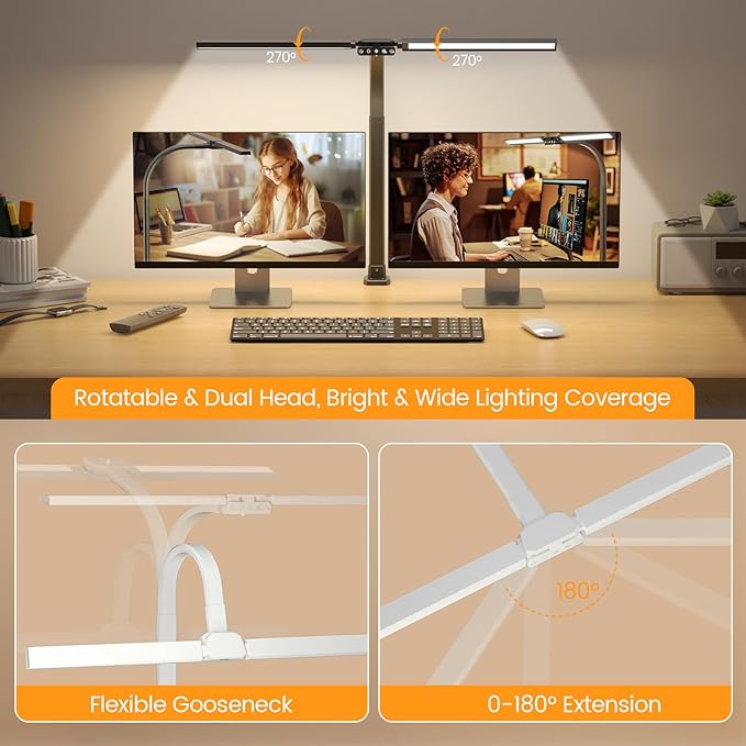 SIBRILLE Upgraded LED Desk Lamp for Home Office with RGB, Rotatable Computer Desk Light with Remote, Tall Table Lamp with Clamp for Working, Dimmable Dual Head Task Lighting for Monitor PC, 22W