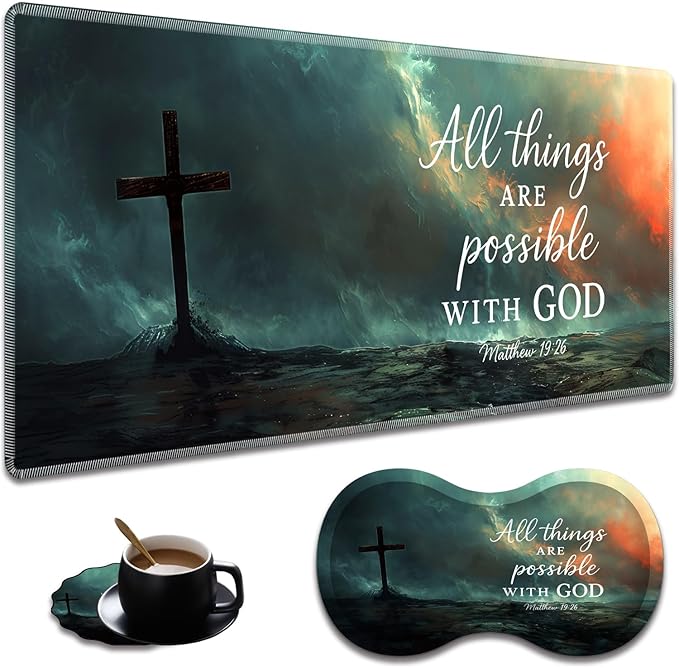 Ergonomic Jesus Bible Cross Christian Extended Mouse Pad 31.5" x 11.8" Set, with Wrist Rest & Lace Coasters, Pain Relief Design, Non-Slip Desk Mat for Home & Gaming