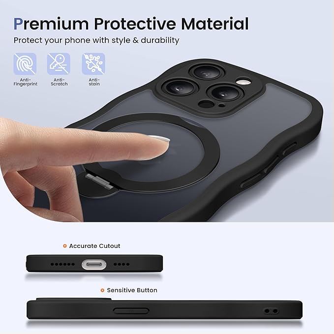 CAPRARO for iPhone 14 Pro Case with 360° Spin Magnetic Stand for Women, [Compatible with MagSafe] [Full Camera Protection] Cute Wave Translucent Matte Case for iPhone 14 Pro,Black