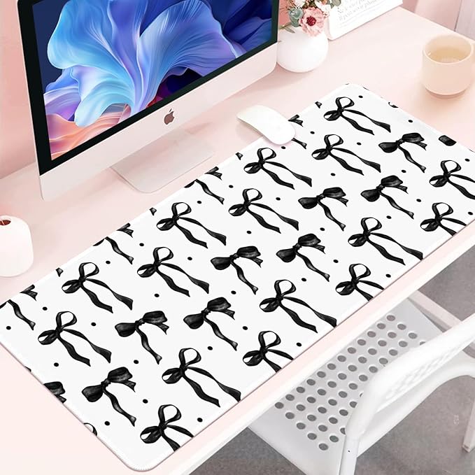 White Mouse Pad with Black Bows, Large Desk Mat Mouse Keyboard Mat for Computer Laptop Non-Slip Rubber Base, Cute Bow Office Mat Girly Desktop Accessories Office Supplies for Girls Women 31.5 x 11.8