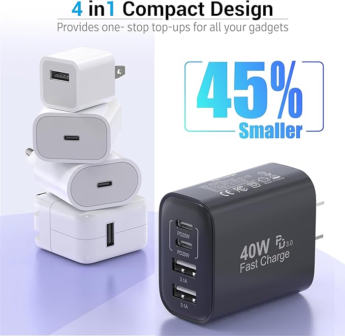 TT&C 40W USB C Charger Block, 4-Port Fast Charging Block (2 USB-C + 2 USB-A), Compact Multi-Device Wall Plug Adapter for iPhone 17,16,15,14, Pro Max, Samsung Galaxy S24/S23 Travel & Home (Black 1Pack)