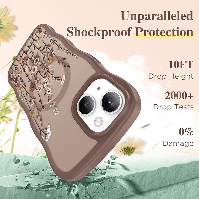 GVIEWIN Cute for iPhone 14 Case & iPhone 13 Case [Compatible with MagSafe] [Curly Wave Edge] Floral Translucent Magnetic Shockproof Protective Phone Cover for iPhone 14/13 6.1'', Floratopia/Brown