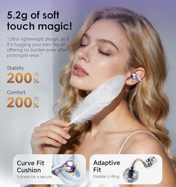 King Lucky Clip-On Earbuds Gen 3, Open-Ear Wireless Bluetooth 6.0 Headphones with Mic, Secure Fit for Small Ears & Glasses Wearers, 50H Playtime, ENC, IPX5 Waterproof Sport Ear Buds (Purple)