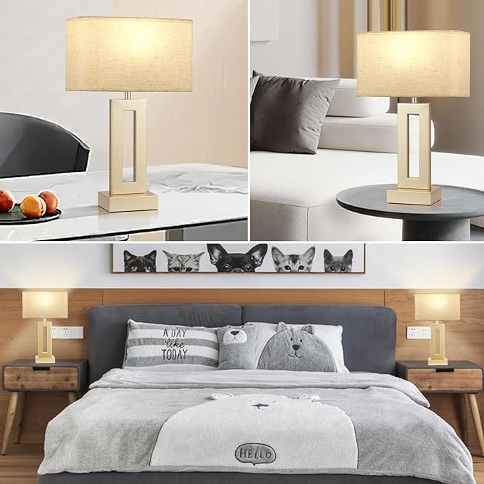 Seealle Bedroom Table Lamps Set of 2 - Beige Gold Touch Bedside Lamps with USB C+A, 3 Way Dimmable Gold Lamp for Nightstand, Modern Night Stands Lamps for Living Room