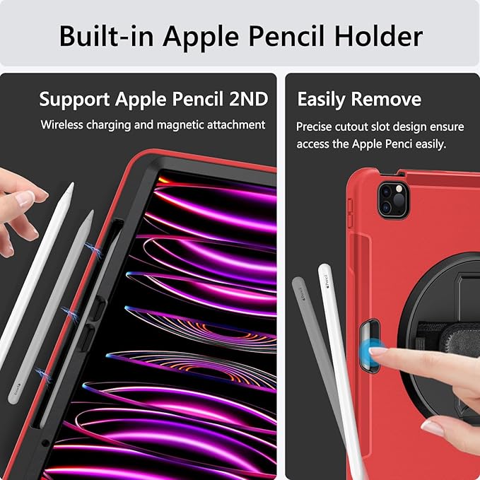 Miesherk Case for iPad Pro 12.9 Inch 6th/5th/4th Generation, Military Grade Heavy Duty Shockproof iPad Pro 12.9 Case - Rotating Stand, Pencil Holder, Hand/Shoulder Strap,Black+Red