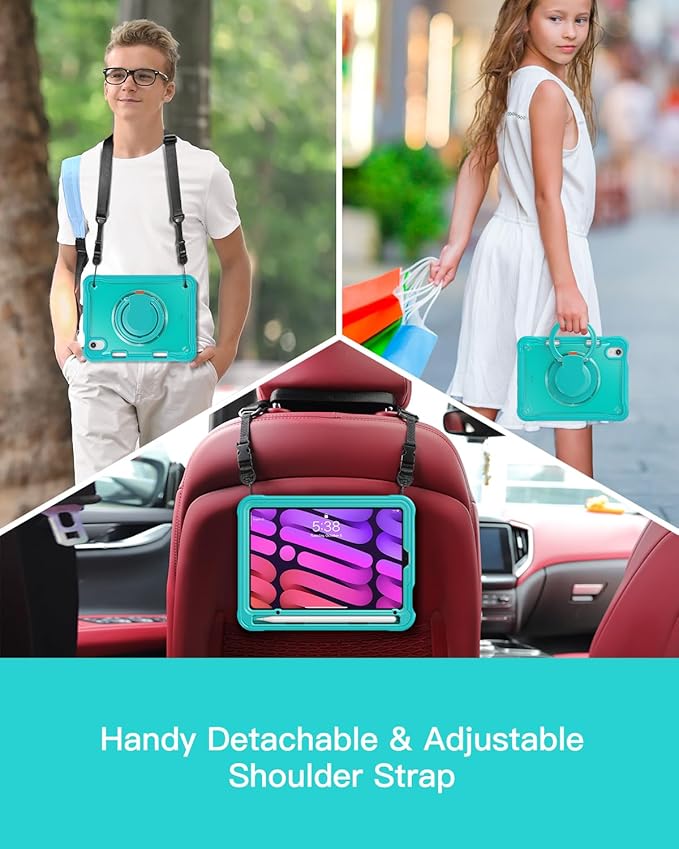 BRAECN for iPad (a17 pro) Mini 7/Mini 6 Case 2024/2021 8.3 inch with Pencil Holder Protective Clear Ring Handle 360 Rotating Stand Shockproof Dropproof Rugged Carrying Shoulder Strap Kids Friendly