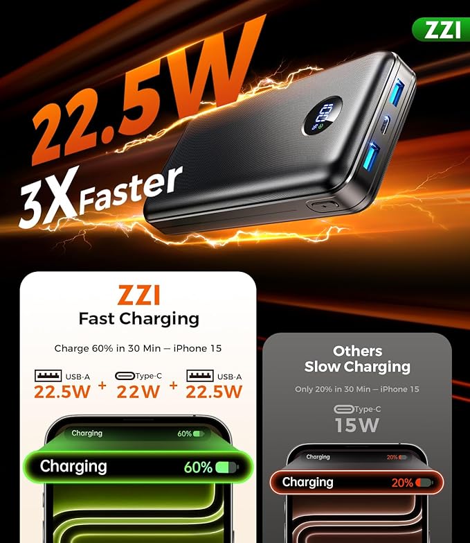 Portable Charger Power Bank, 60000mAh Battery Pack with 3 in 1 USB-C/iOS/Micro-USB Cable, 22.5W Fast Charging Portable Phone Charger, Travel Camping Essential Powerbank for iPhone 17/16 Samsung,Ebony