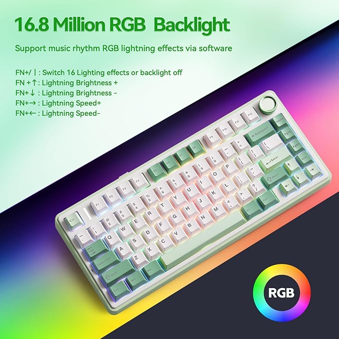 Aula F75 Gaming Keyboard, 75% Wireless Keyboards RGB Backlit with Knob, Tri-Mode Hot Swappable Mechanical Keyboard for PC Gamer - Green