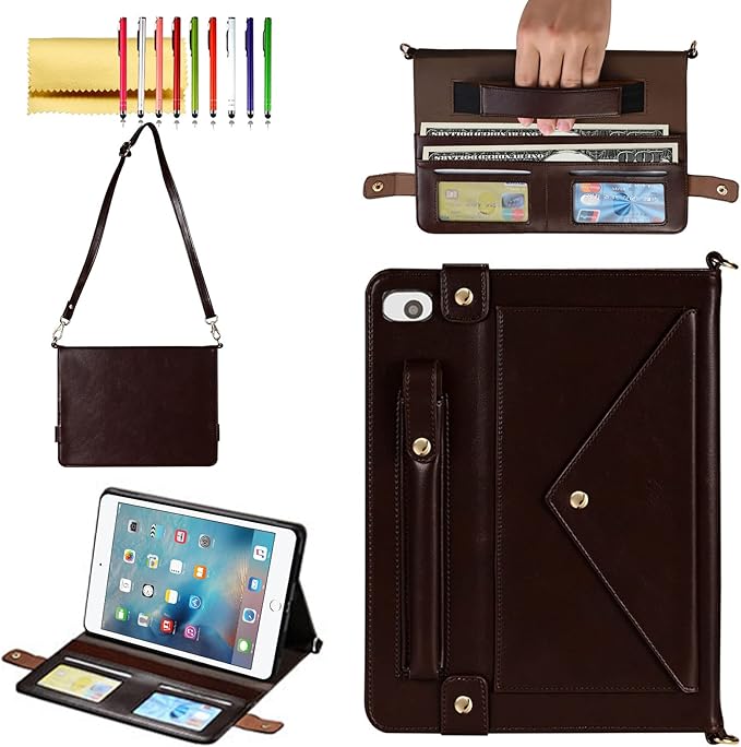 Handbag Case for iPad Mini 5th/4th/3th/2th/1st Generation 7.9", Techcircle Folio Stand PU Leather Crossbody iPad Mini Cover with Hand Strap, Multiple Card Slots Envelope Pocket Wallet Case, Dark Brown