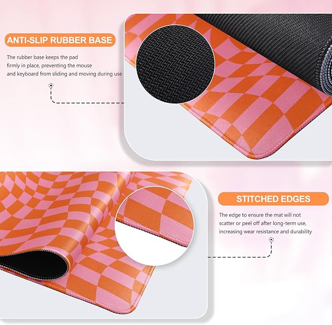 iCasso XXL Large Mouse Pad for Desk, Anti-Slip Big Mousepad with Stitched Edges, Keyboard Pad Mouse Mat for Computer (Orange Checkered)