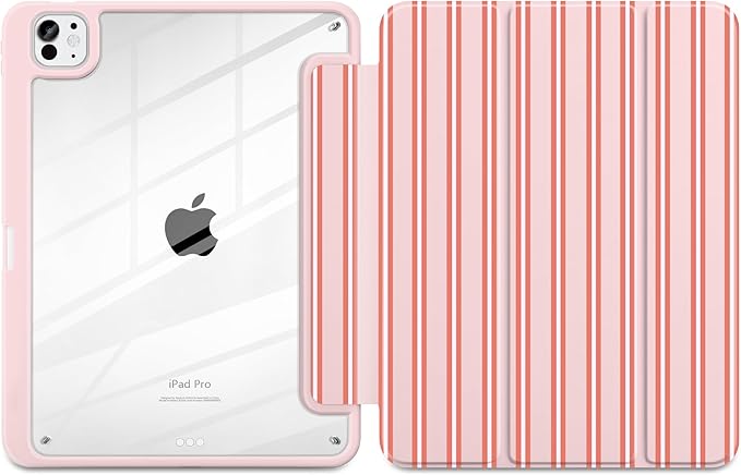 Case for iPad Pro 11 Inch (M5 2025 M4 2024) – [Built-in Pencil Holder], Shockproof & Stylish, Clear Hard Back + Soft TPU Edge, Magnetic Trifold Stand, Auto Wake/Sleep, Pink Stripes