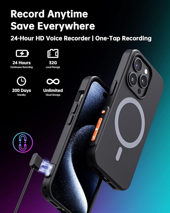 Yorlu AI Voice Recorder, AI Recorder Phone Case with Transcribe＆Summarize, AI Noise Cancellation, Support 80+ Languages, Record Anytime Anywhere for Meetings, Work, Lectures