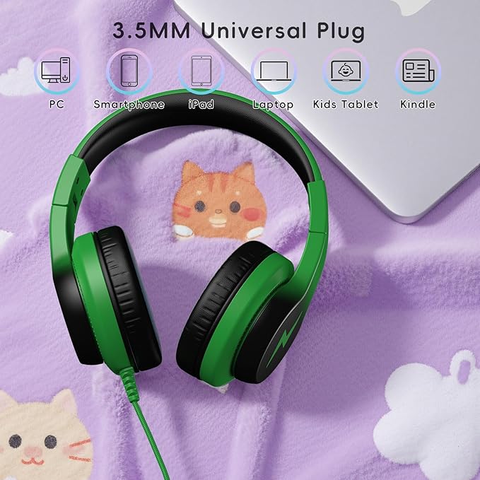 Candy Bila Kids Headphones, Wired Headphones for Kids Over Ear with Microphone, 85/94dB Volume Limiter Headphone for Girls Boys, Foldable Headphone for Learning & Entertainment, Black and Green