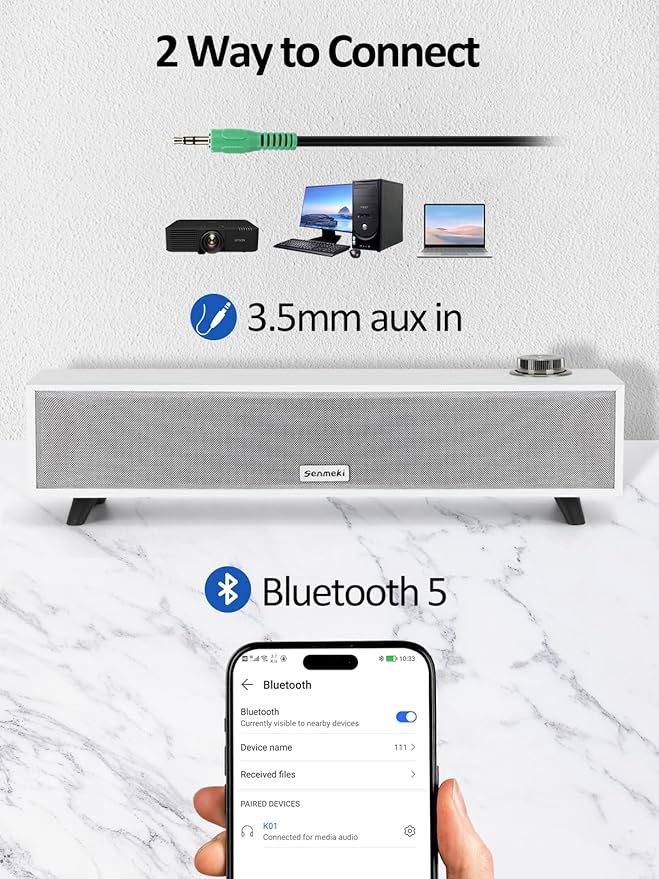 Computer Speakers, 10W Computer Sound Bar, USB Powered PC Speakers, Bluetooth 5.0 and RCA Input pc Speakers for Desktop, Laptops, Phonograph, Phones, Tablets(K01)