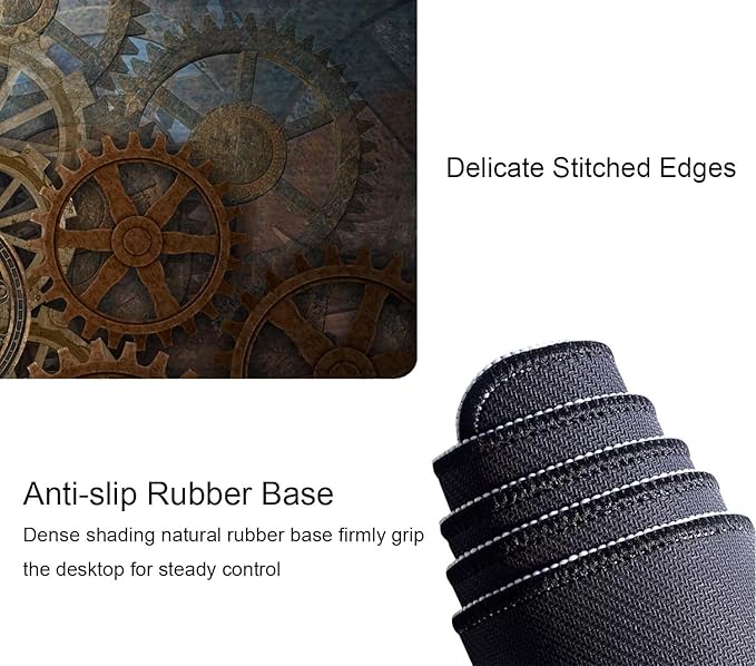 Gaming Mouse Pad, XL Extended Computer Keyboard Long Mouse Mat, Large Desk Pad for Office Laptop, Non-Slip Rubber Base with Stitched Edge Mousepad, 31.5X11.8 inch Rusty Steampunk with Clock