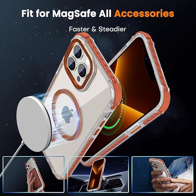 DEERLAMN Strong Magnetic Case for iPhone 13 Pro 6.1-Inch,[Compatible with Magsafe][Military-Grade Protection] Clear Slim Shockproof Protective Phone Cover for Women Men-Transparent+Orange