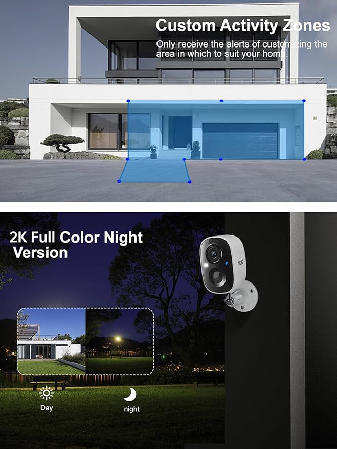 DCT Security Cameras Wireless Outdoor: WiFi Battery Cameras for Home Outside 2K Color Night Vision Motion Detection Surveillance Cameras Two-Way Audio Siren Alarm Spotlight(White)