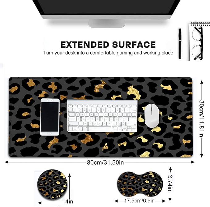Large Gaming Mouse Pad,31.5x11.8 in Extended Computer Mouse Mat with Non-Slip PU Base, Ergonomic Memory Foam Keyboard Wrist Rest,for Work Gaming,Writing Pad Gold & Black Leopard Office Desk Pad