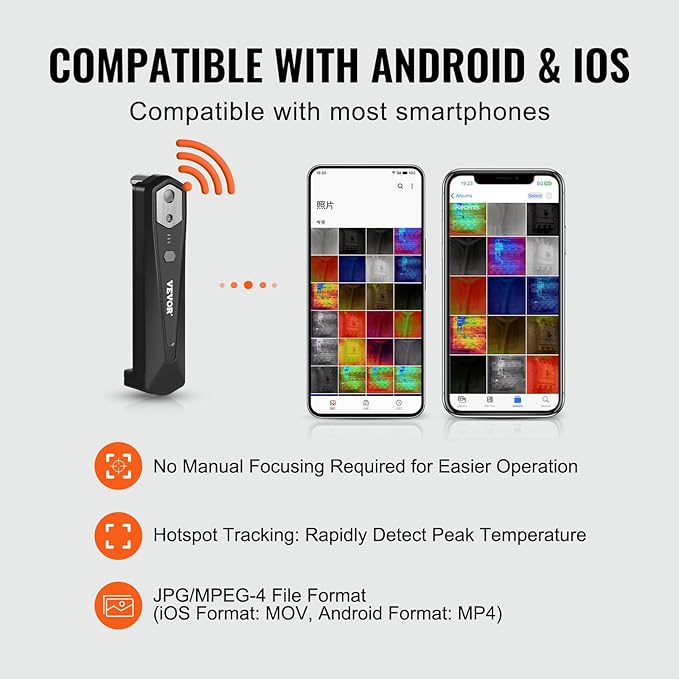 VEVOR Thermal Imaging Camera for Android & iOS, 256 x 192 IR Resolution Wireless Infrared Thermal Imager with WiFi & Visual Camera, 25Hz Refresh Rate Thermal Camera for Smartphone, -4°F-1022°F, IP54
