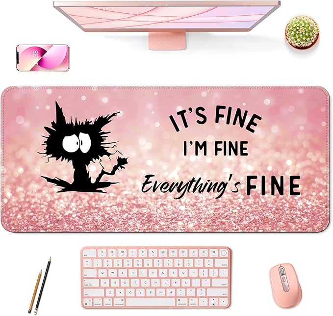 Desk Mat,Large Mouse Pad 35''×15.6'' XXL Extended Gaming Mouse Pad Mat with Non-Slip Base Stitched Eges Mousepad for Computer,Office,Keyboard and Laptop - Pink Cat