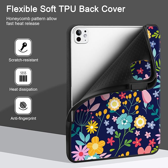 DONGKE Case for iPad Pro 11 inch (M5 2025 / M4 2024, 6th & 5th Generation) – [Built-in Pencil Holder] Ultra Slim PU Leather Trifold Stand Cover with Soft TPU Back, Auto Wake/Sleep, Florals