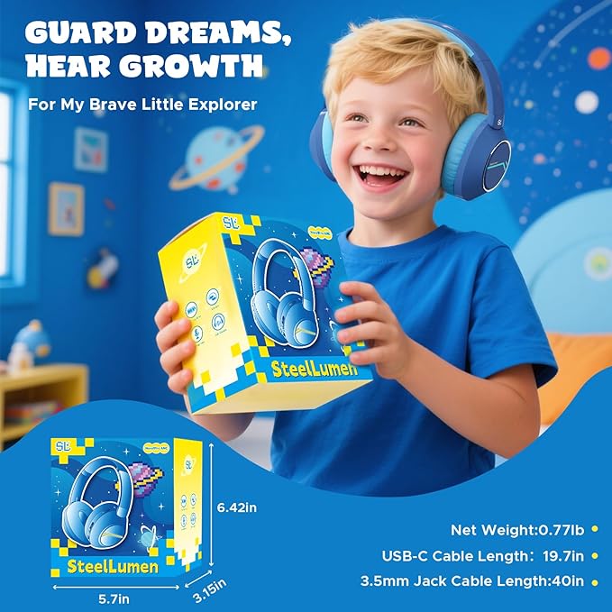Steellumen Nova1Pro Active Noise Cancelling Headphones for Kids, 3-Level Safe Volume 75/85/94dB, ANC Safe Wireless Listen, Fast Charging, Bluetooth 5.4 with Mic, boy Girl for School, Travel & Airplane