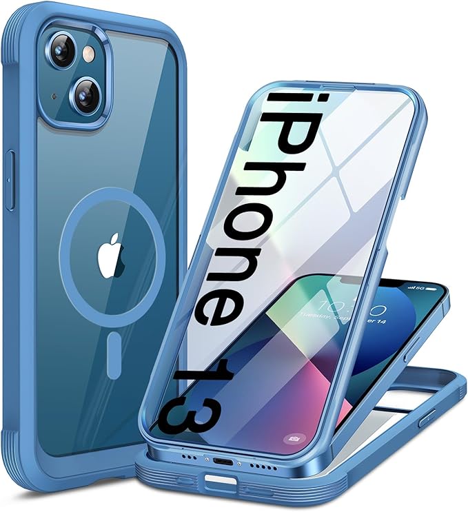 Miracase for iPhone 13 Case 6.1'', [Bubble Free] Full-Body Bumper Phone case with Built-in Full Glass Screen,No Gap,Compatible with MagSafe,Blue