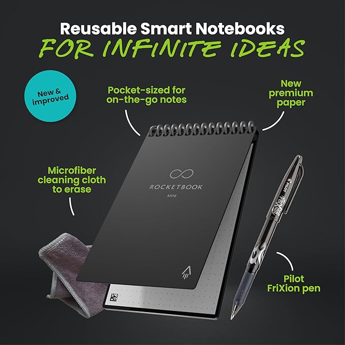 Rocketbook Mini Reusable Smart Notepad, Pocket Size On-The-Go Notebook, 3.5x5.5, Black (Pack of 1)