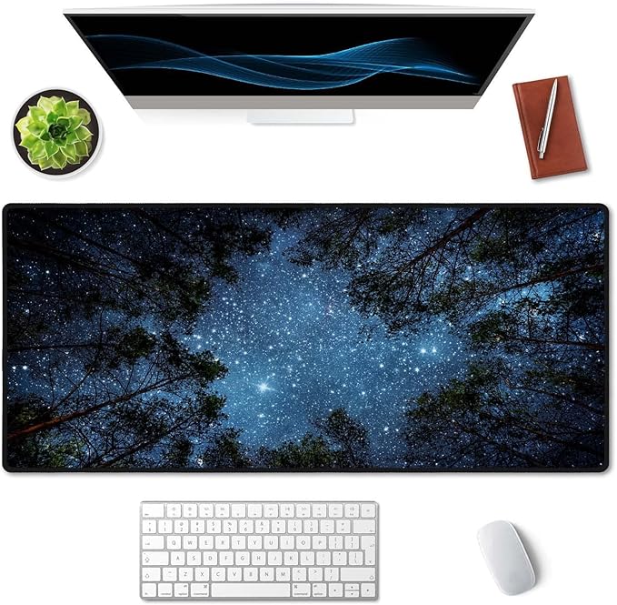 SSOIU The Milky Way and The Trees Mouse Pad 35.5 X 15.7 Inch XXL Night Sky Full Desk Mousepad Extended Large Non-Slip Rubber Base Waterproof Big Keyboard Mat with Stitched Edges for Gaming and Office