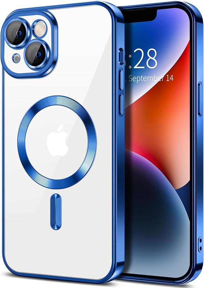 Hython Magnetic Clear for iPhone 14 Plus Case with Camera Lens Protector [Compatible with MagSafe] Luxury Plating Edge Slim Soft TPU Cover Protective Phone Case for iPhone 14 Plus 6.7", Deep Blue