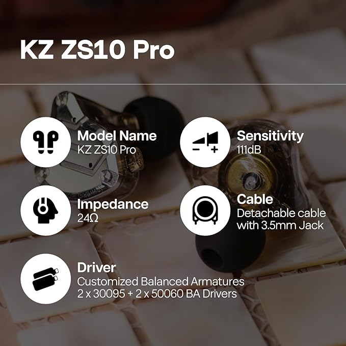 Linsoul KZ ZS10 Pro, 4BA+1DD 5 Driver in Ear Monitor, HiFi Wired Earbuds, Gaming Earbuds, Hybrid IEM Earphones with Stainless Steel Faceplate, Detachable Cable for Musician(with Mic, Black)