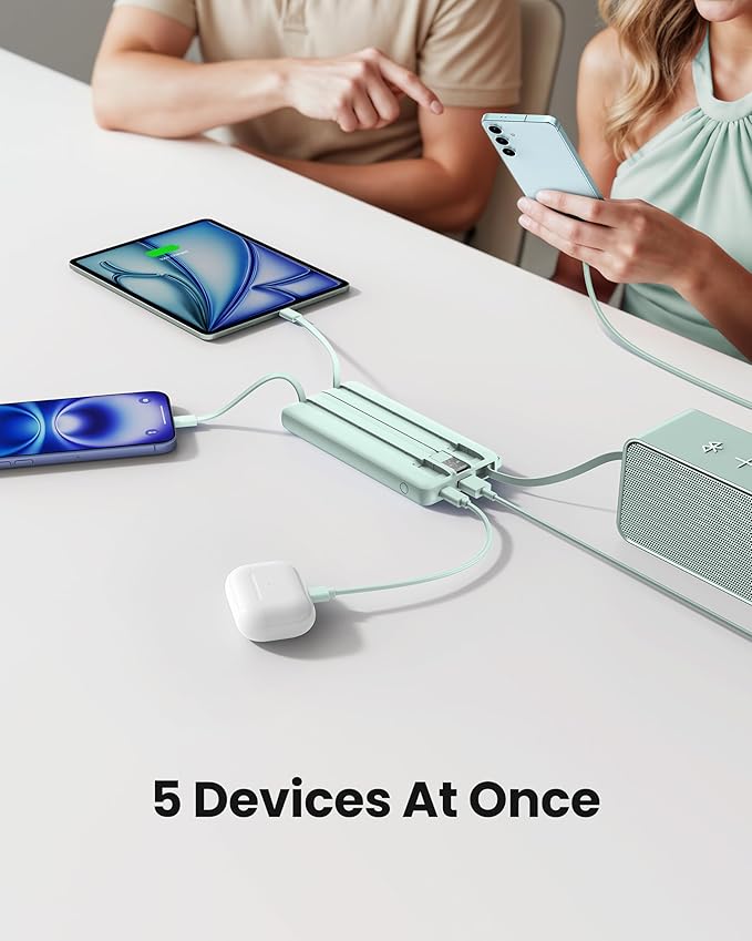Portable Chargers 10000mAh, Slim Travel Essentials Power Bank, 5 Outputs 2 Inputs LED Display External Battery Pack with Built-in Cables Compatible with iPhone/Android & More (Teal)